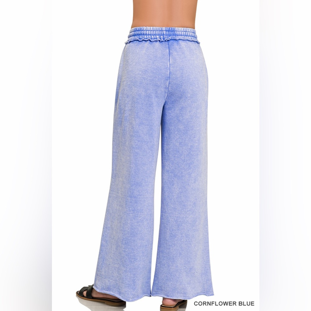 Zenana Acid Wash Fleece Palazzo Sweatpants – Cornflower Blue - Picture 2 of 5